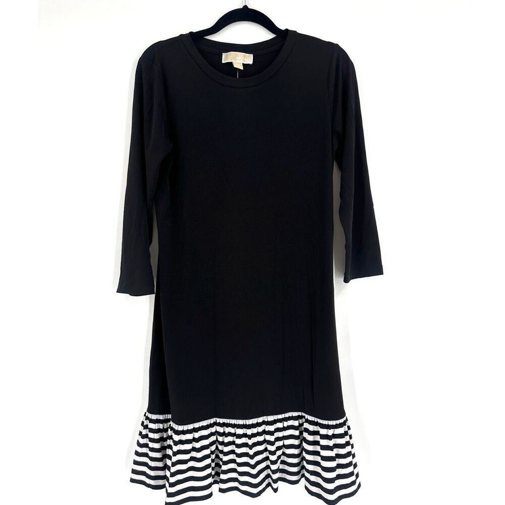 NWT Michael Kors Women's Stripe Ruffle Hem 3/4 Sleeve Shift Dress Black White XS
